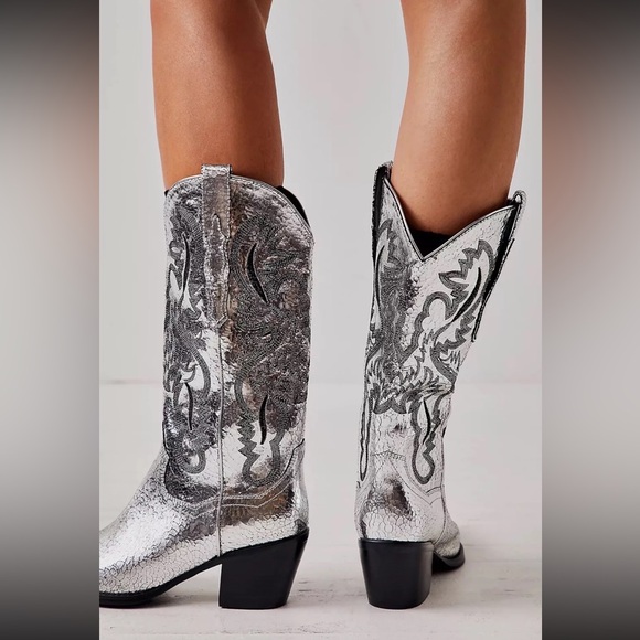 NWT New Jeffrey Campbell Dagget Western Silver Metallic Cowboy Boots Free People - Picture 2 of 10